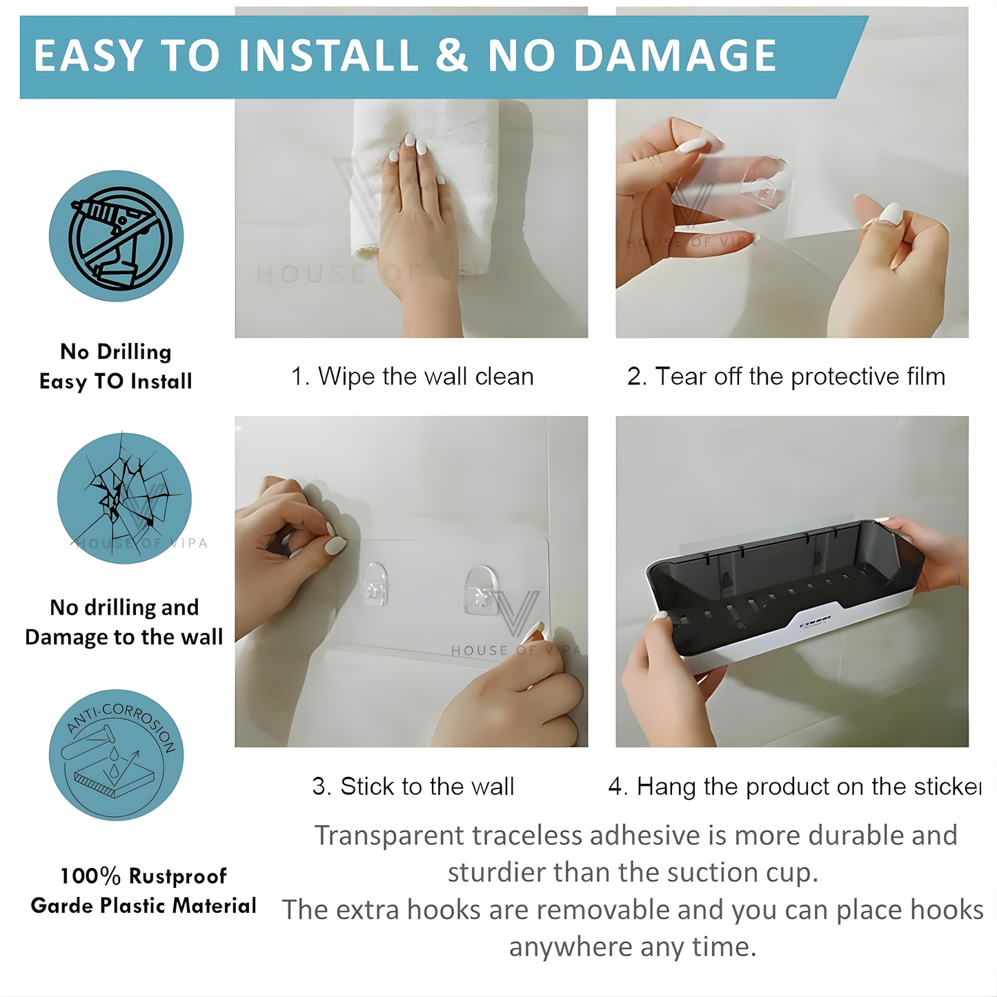 Self-Adhesive Bathroom Shelf Organizer | No Drill Wall Mounted Plastic Rack | Waterproof Storage Shelf for Bathroom & Kitchen (Black/White)