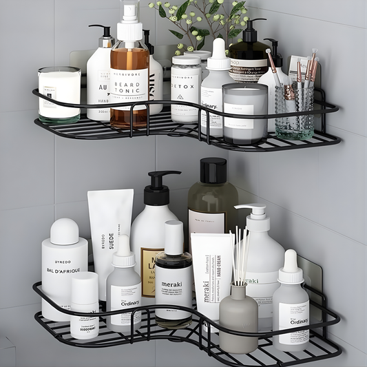 Pack of 1 Self-Adhesive Corner Shelf Organizer | No Drill Bathroom & Kitchen Wall Mounted Rack | Waterproof & Rustproof | Black Metal Storage Shelf