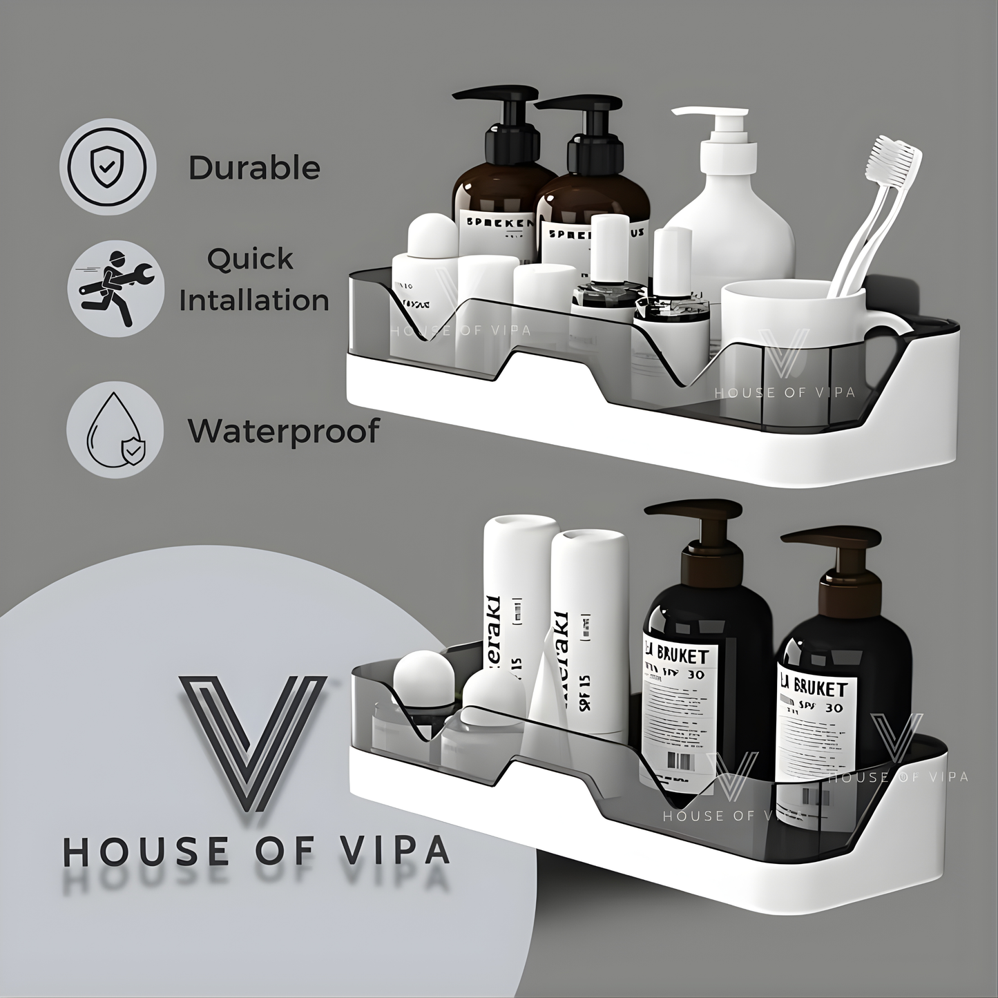 Self-Adhesive Bathroom Shelf Organizer | No Drill Wall Mounted Plastic Rack | Waterproof Storage Shelf for Bathroom & Kitchen (Black/White)