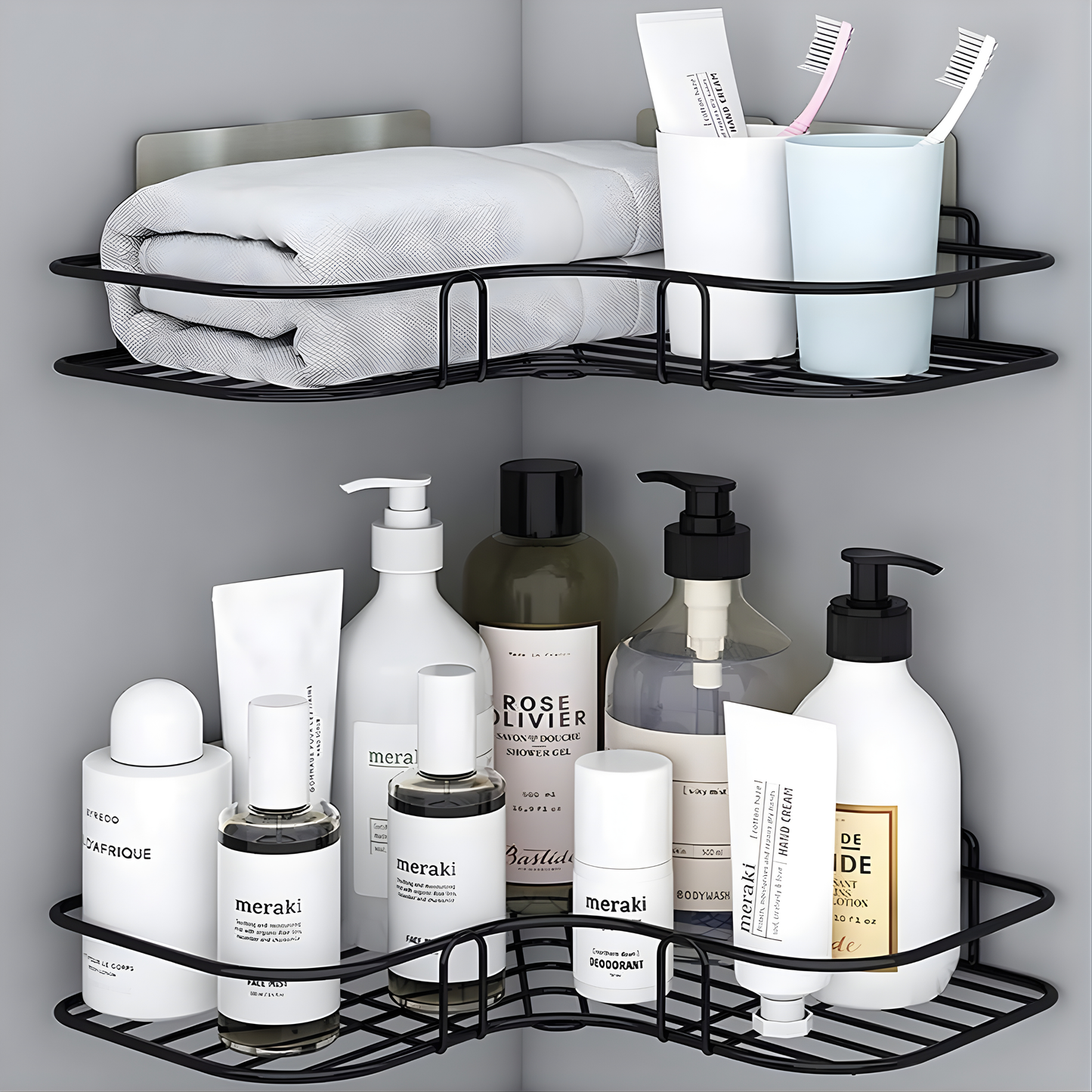 Pack of 2 Self-Adhesive Corner Shelf Organizer | No Drill Bathroom & Kitchen Wall Mounted Rack | Waterproof & Rustproof | Black Metal Storage Shelf