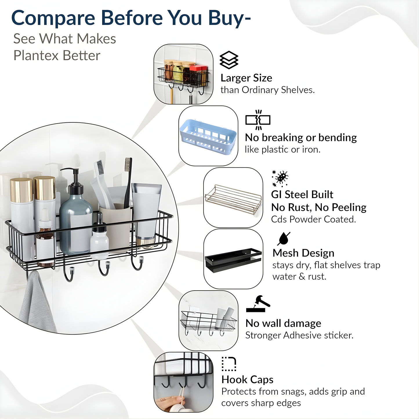 Adhesive Bathroom Shelf Organizer | No Drill Wall Mounted Storage Rack | Waterproof & Rustproof | Bathroom & Kitchen Organizer (Black, Powder Coated)