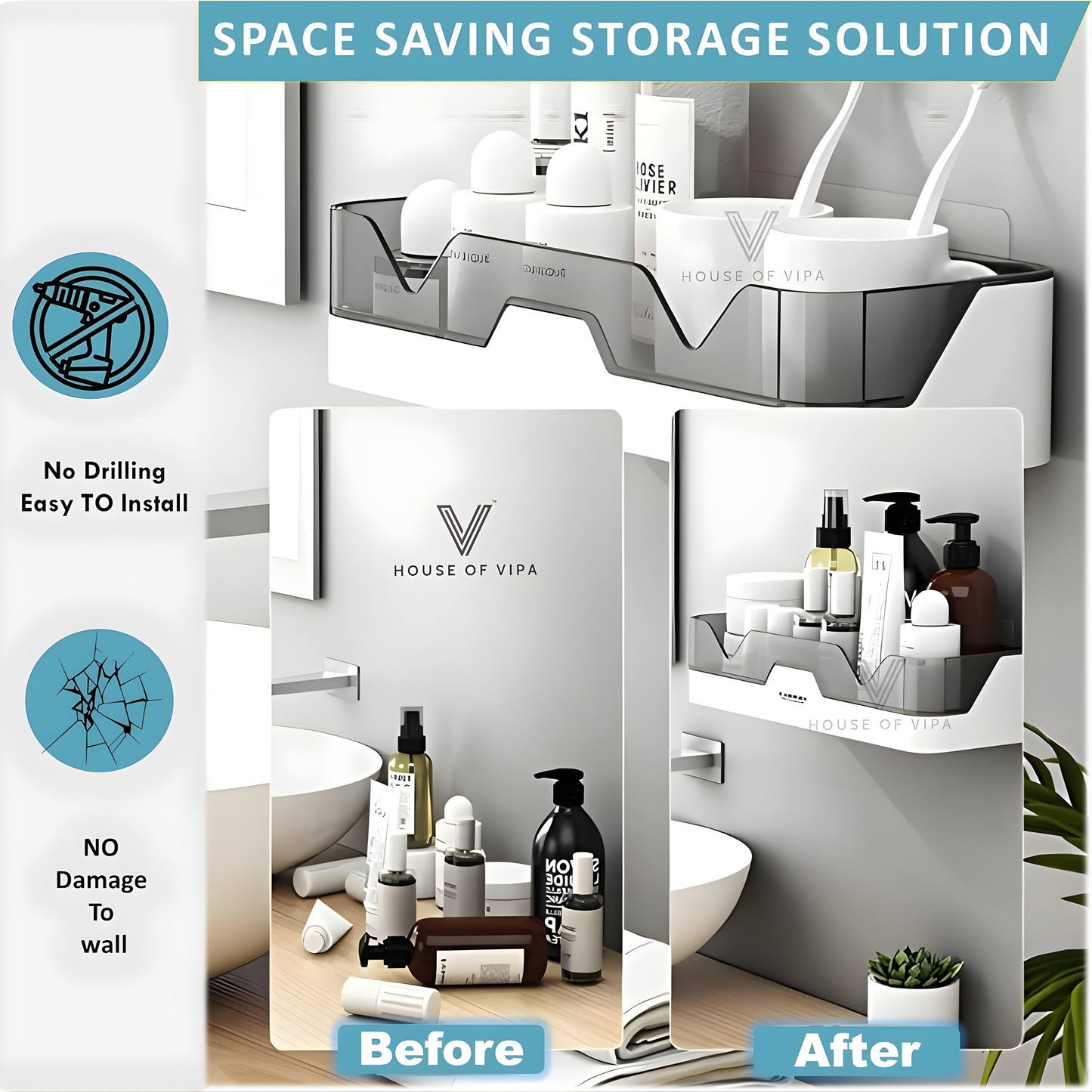 Self-Adhesive Bathroom Shelf Organizer | No Drill Wall Mounted Plastic Rack | Waterproof Storage Shelf for Bathroom & Kitchen (Black/White)