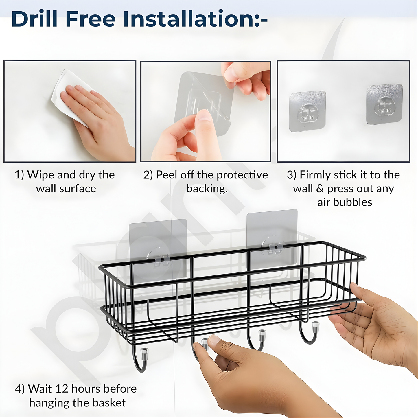 Adhesive Bathroom Shelf Organizer | No Drill Wall Mounted Storage Rack | Waterproof & Rustproof | Bathroom & Kitchen Organizer (Black, Powder Coated)