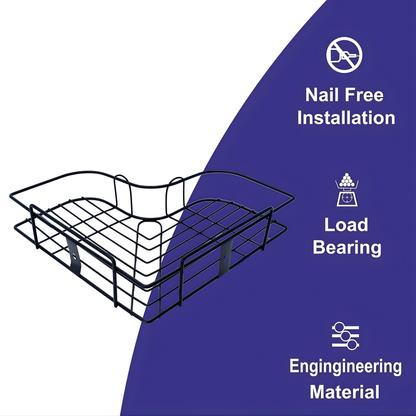 Pack of 2 Self-Adhesive Corner Shelf Organizer | No Drill Bathroom & Kitchen Wall Mounted Rack | Waterproof & Rustproof | Black Metal Storage Shelf