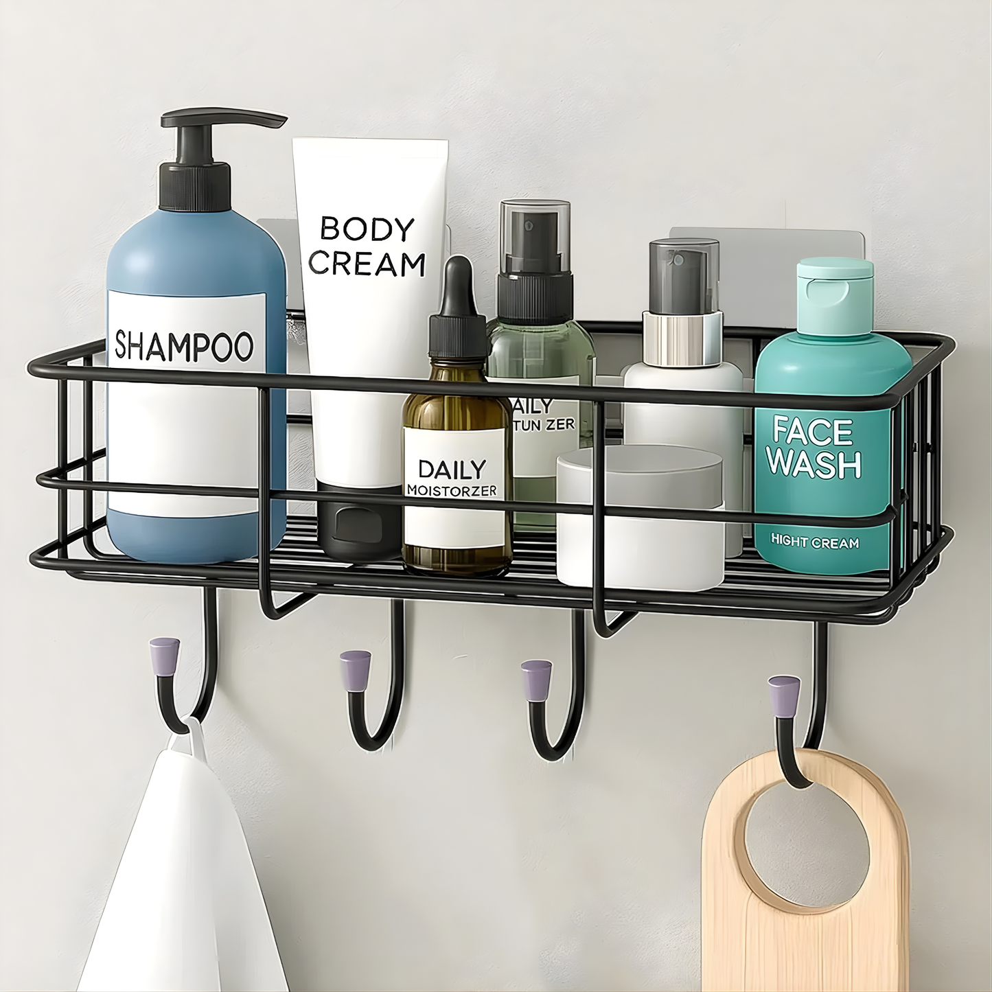 Adhesive Bathroom Shelf Organizer | No Drill Wall Mounted Storage Rack | Waterproof & Rustproof | Bathroom & Kitchen Organizer (Black, Powder Coated)
