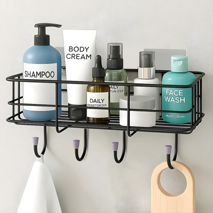Adhesive Bathroom Shelf Organizer | No Drill Wall Mounted Storage Rack | Waterproof & Rustproof | Bathroom & Kitchen Organizer (Black, Powder Coated)