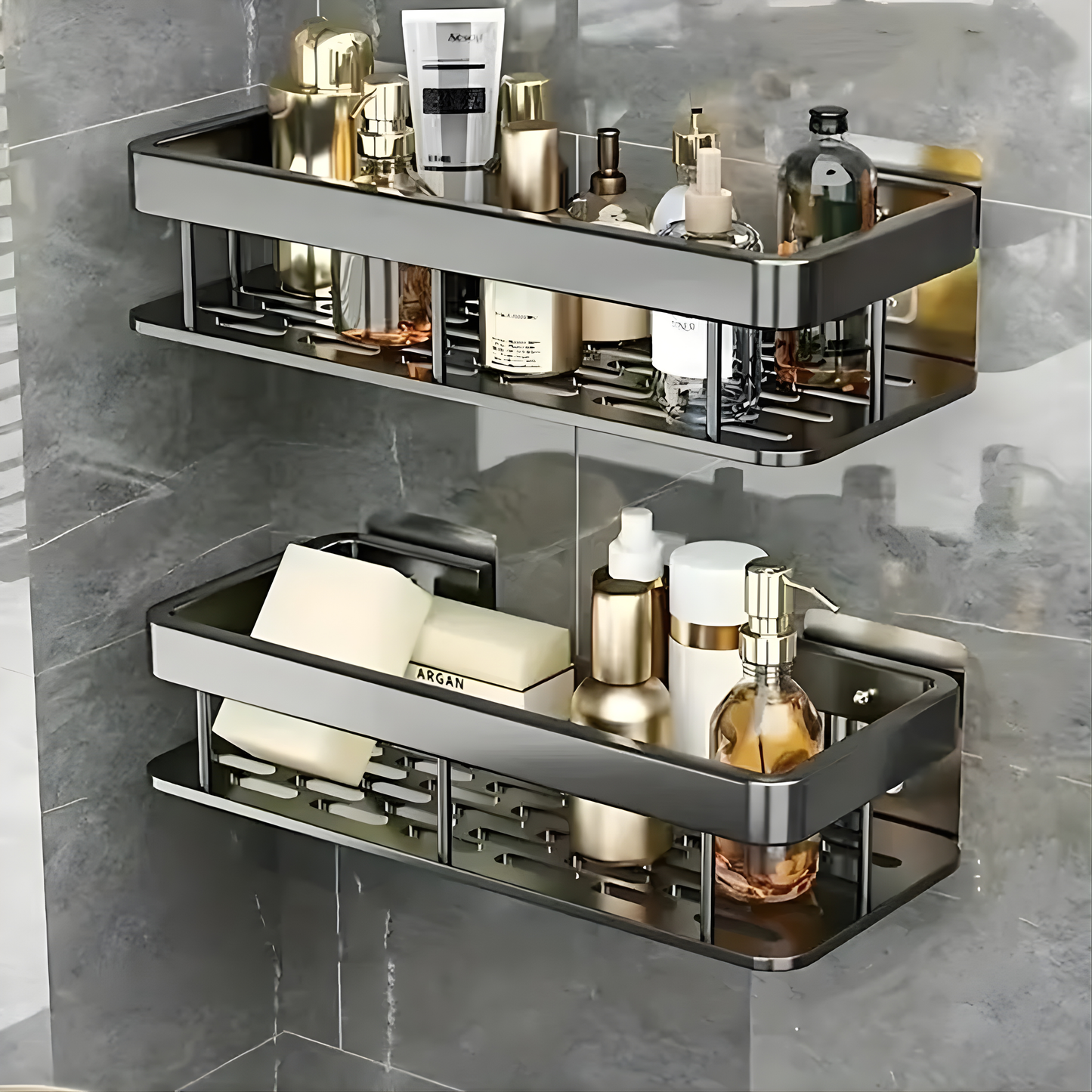 Pack of 2 Self-Adhesive Bathroom Shelf Organizer | No Drill Wall Mounted Storage Rack | Waterproof & Rustproof Metal Shelf for Bathroom & Kitchen