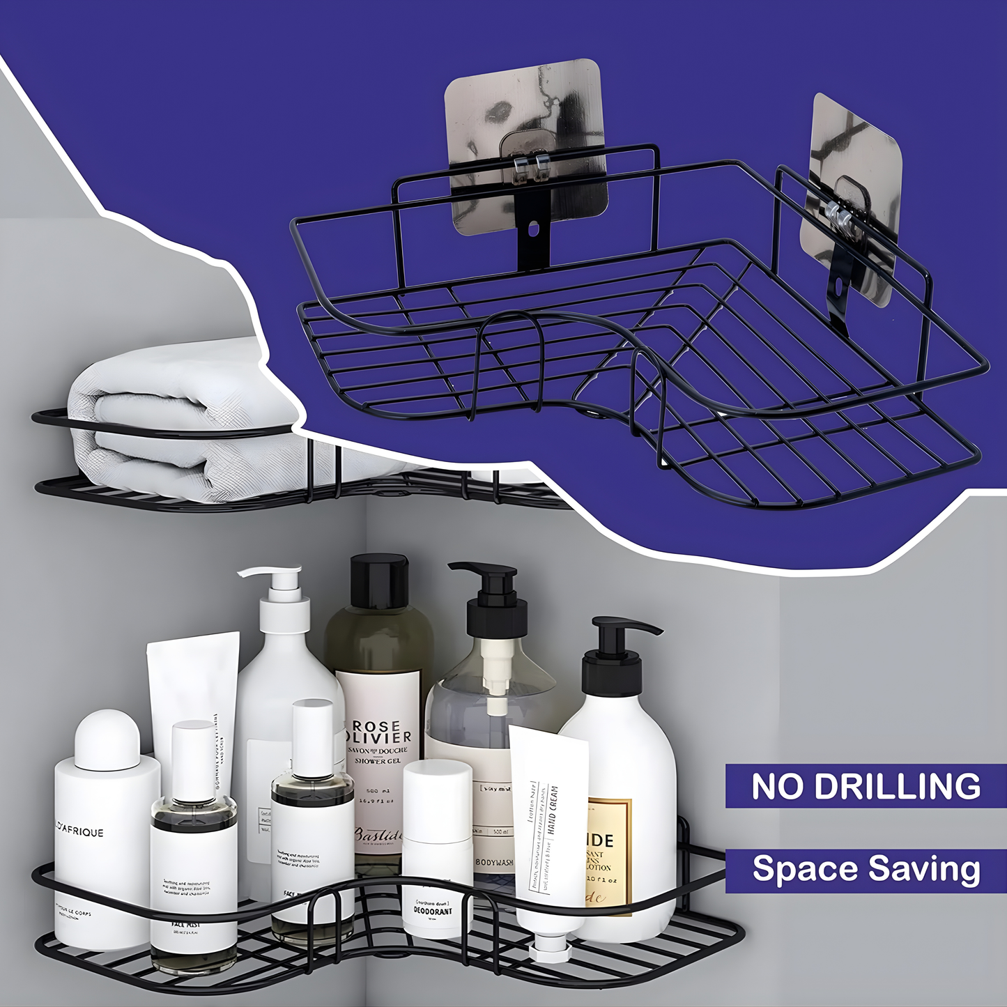 Pack of 2 Self-Adhesive Corner Shelf Organizer | No Drill Bathroom & Kitchen Wall Mounted Rack | Waterproof & Rustproof | Black Metal Storage Shelf