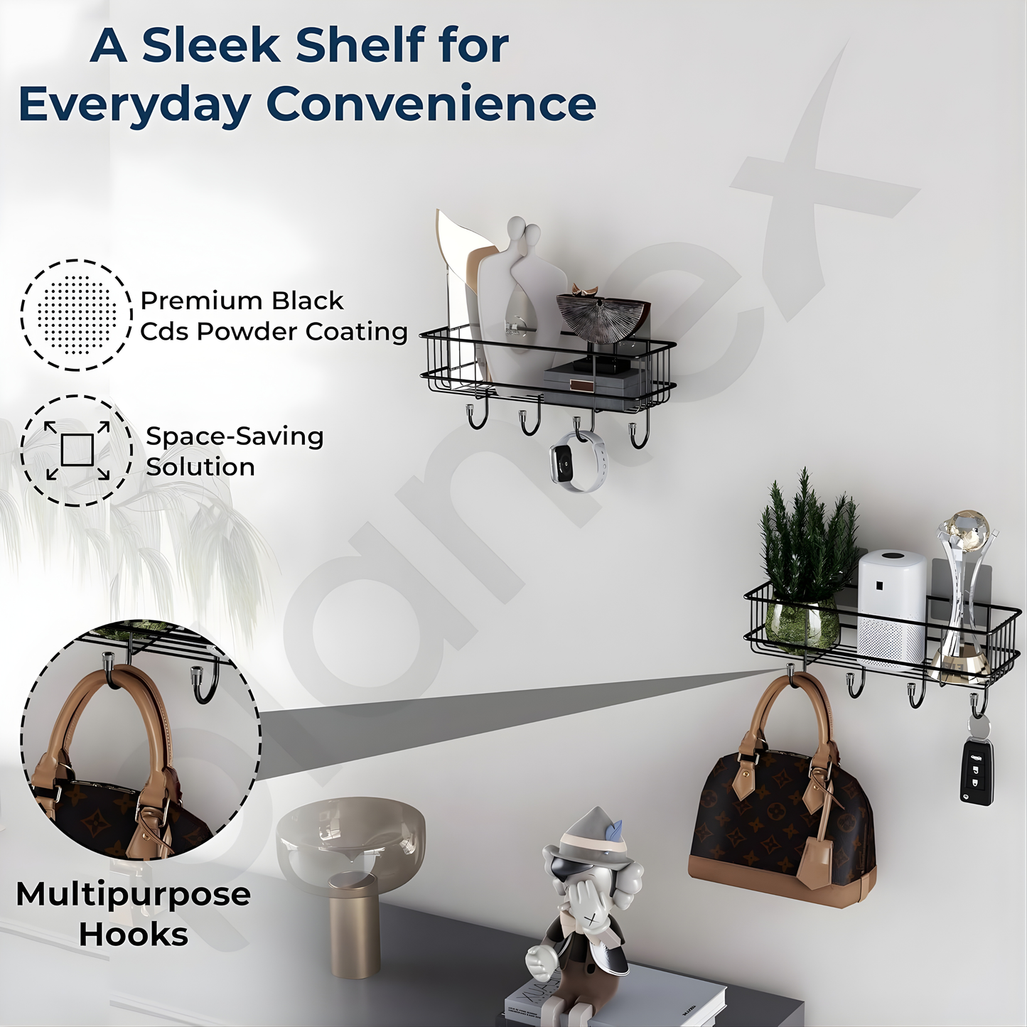 Adhesive Bathroom Shelf Organizer | No Drill Wall Mounted Storage Rack | Waterproof & Rustproof | Bathroom & Kitchen Organizer (Black, Powder Coated)