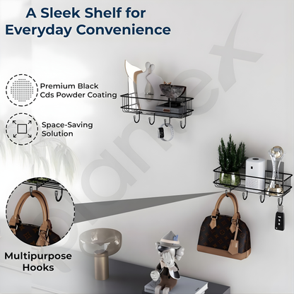 Adhesive Bathroom Shelf Organizer | No Drill Wall Mounted Storage Rack | Waterproof & Rustproof | Bathroom & Kitchen Organizer (Black, Powder Coated)