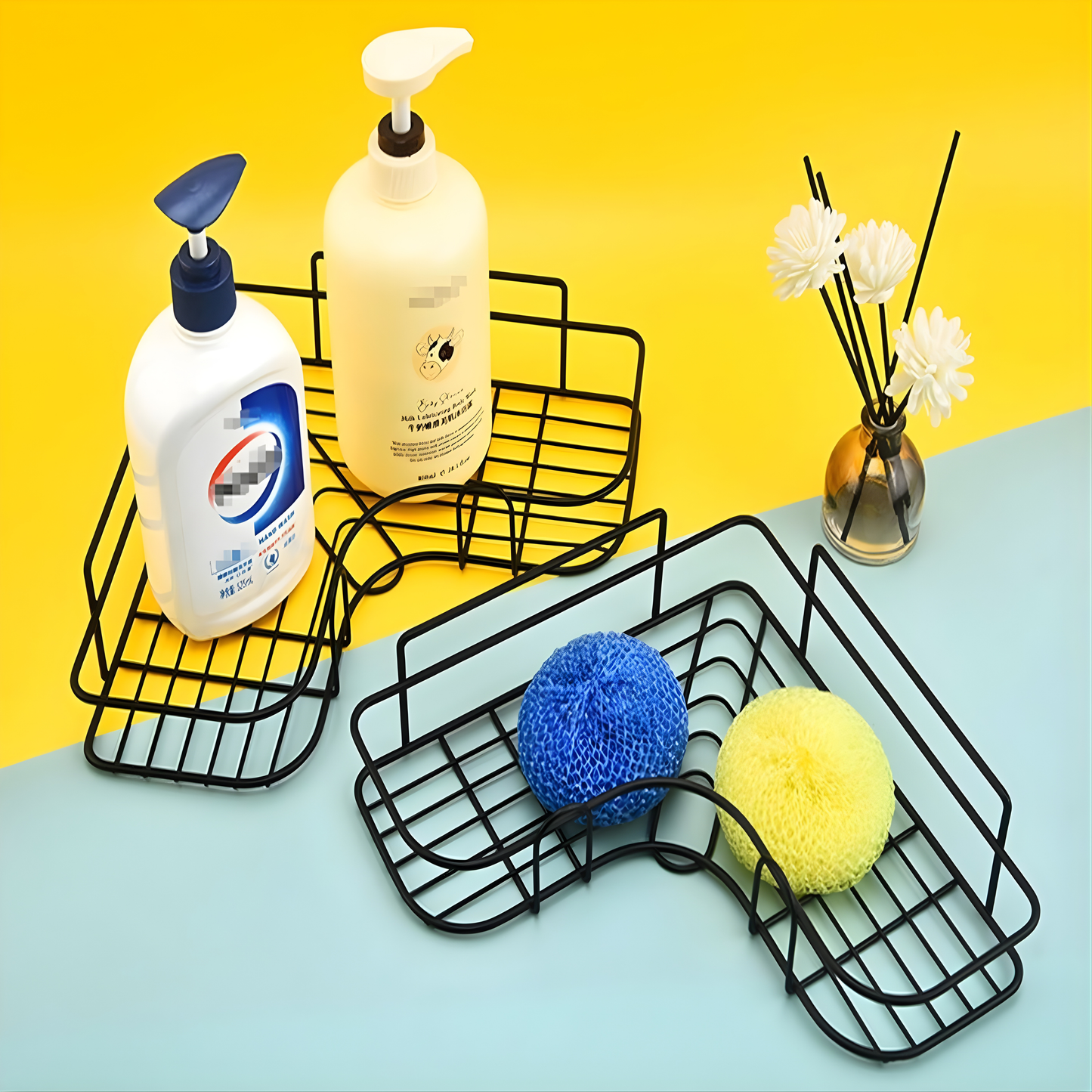 Pack of 2 Self-Adhesive Corner Shelf Organizer | No Drill Bathroom & Kitchen Wall Mounted Rack | Waterproof & Rustproof | Black Metal Storage Shelf