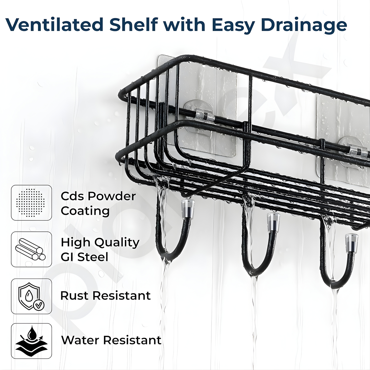 Adhesive Bathroom Shelf Organizer | No Drill Wall Mounted Storage Rack | Waterproof & Rustproof | Bathroom & Kitchen Organizer (Black, Powder Coated)