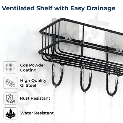 Adhesive Bathroom Shelf Organizer | No Drill Wall Mounted Storage Rack | Waterproof & Rustproof | Bathroom & Kitchen Organizer (Black, Powder Coated)