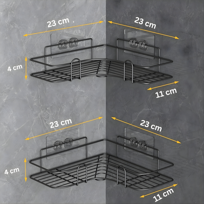 Pack of 2 Self-Adhesive Corner Shelf Organizer | No Drill Bathroom & Kitchen Wall Mounted Rack | Waterproof & Rustproof | Black Metal Storage Shelf