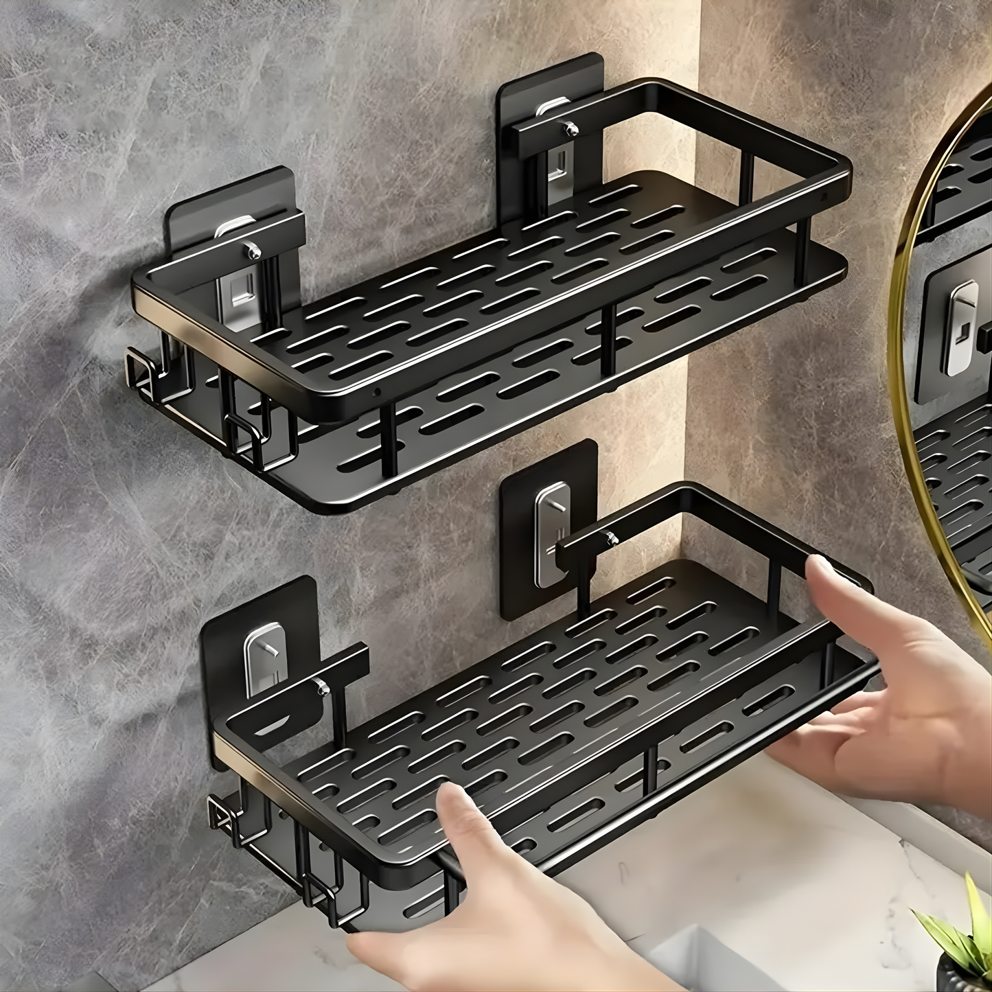 Pack of 2 Self-Adhesive Bathroom Shelf Organizer | No Drill Wall Mounted Storage Rack | Waterproof & Rustproof Metal Shelf for Bathroom & Kitchen