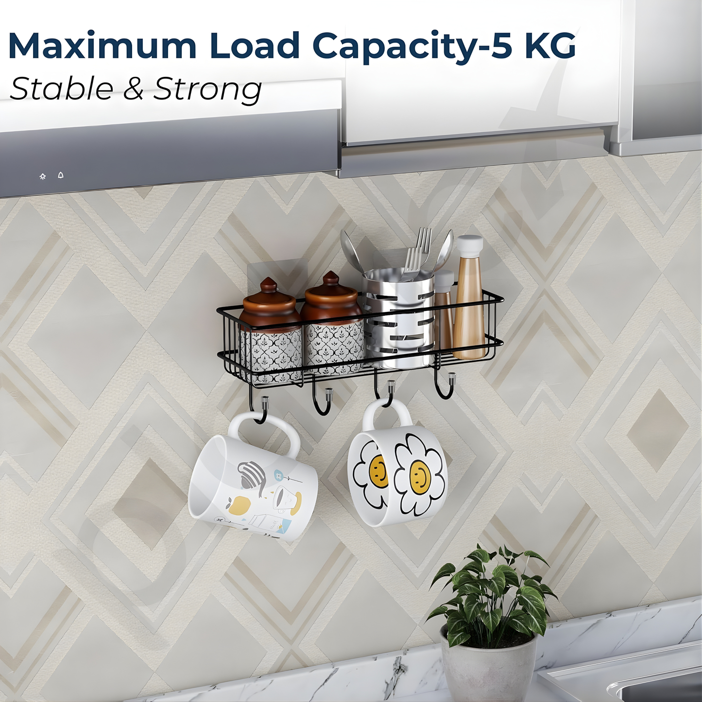 Adhesive Bathroom Shelf Organizer | No Drill Wall Mounted Storage Rack | Waterproof & Rustproof | Bathroom & Kitchen Organizer (Black, Powder Coated)